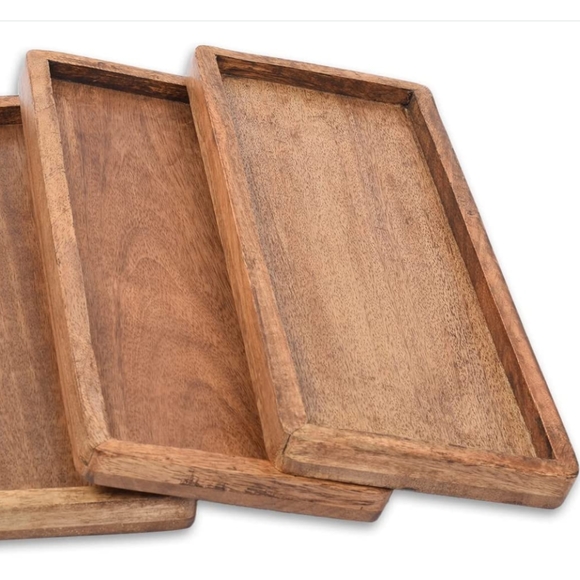 Set 3 Trays Rectangle Carved Mango Wood Food Safe Breakfast Tray Cafecore Boho - Picture 10 of 15